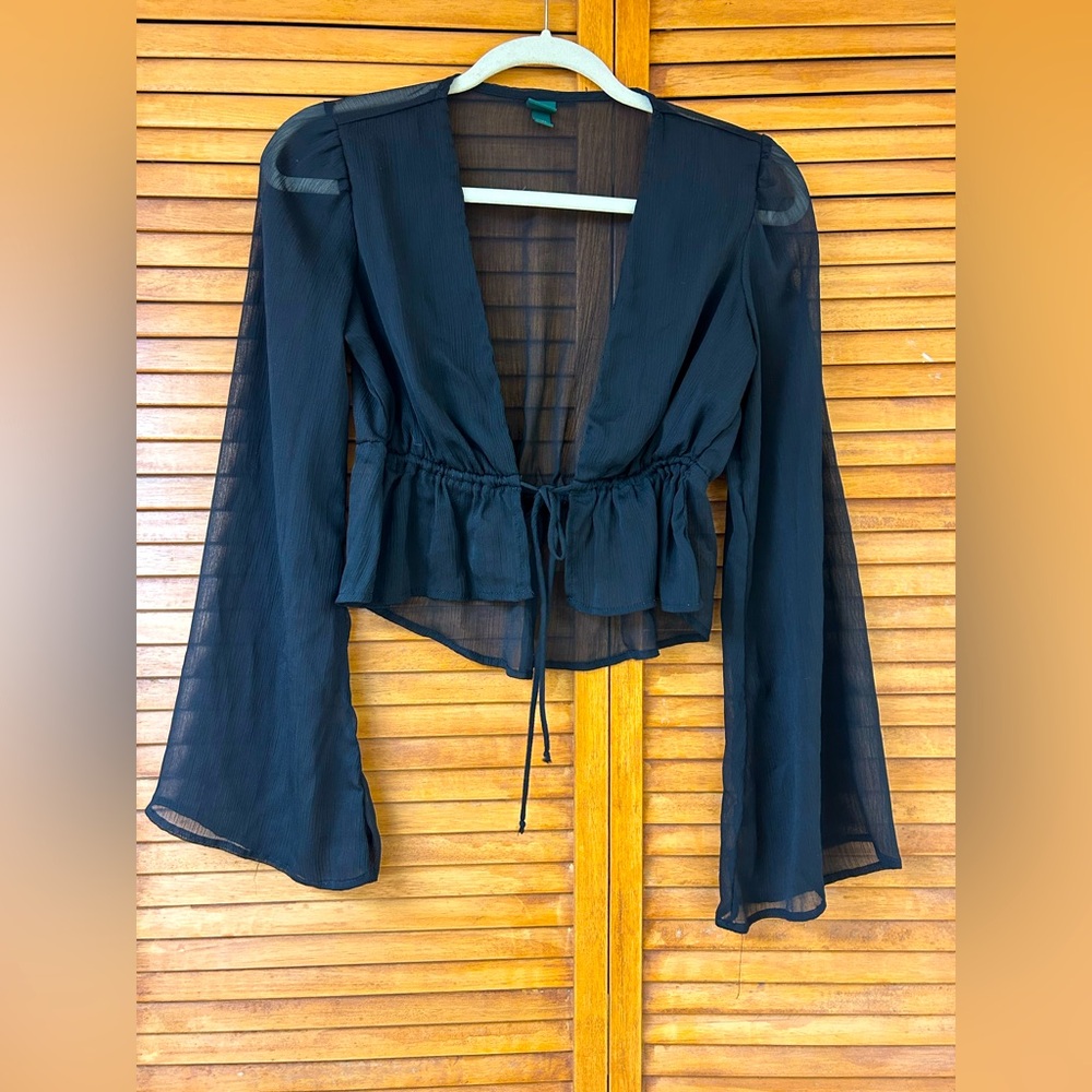 Cute sheer bell sleeve top with front tie closure